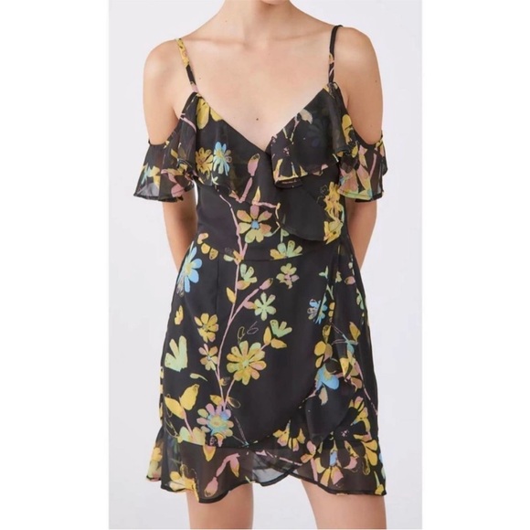 Urban Outfitters Teyanna Mini Dress Black Floral Cold Shoulder New Large V Neck - Picture 3 of 7